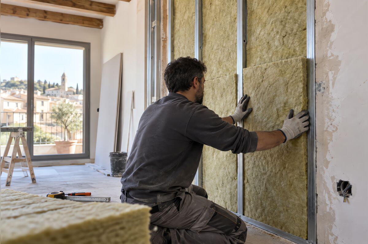 Fachada de vivienda con aislamiento térmico en obra durante una rehabilitación energética