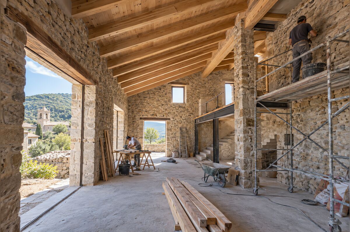 Casa de pueblo de piedra con tejado de teja rehabilitada y ventanas de madera nuevas