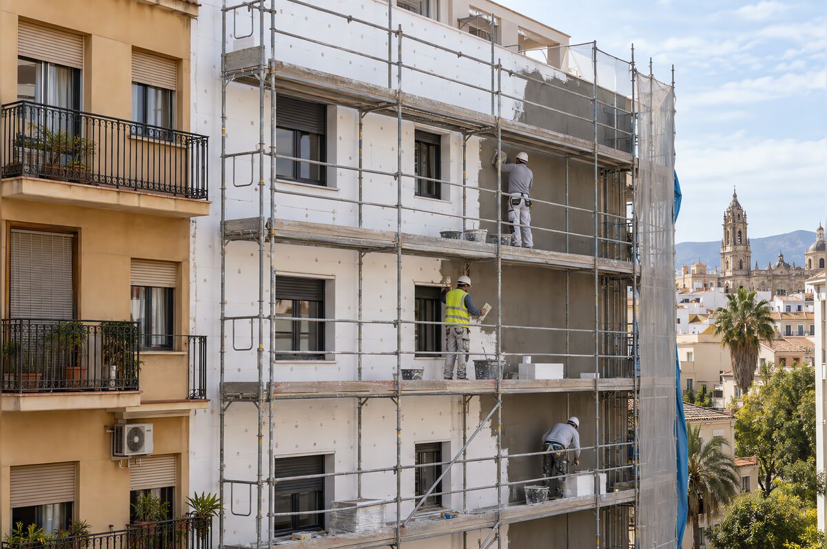 Fachada de un bloque de viviendas con andamio durante la aplicación del sistema SATE