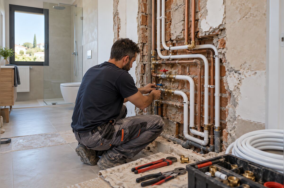 Fontanero instalando tuberías multicapa nuevas con colector y llaves de corte en una vivienda