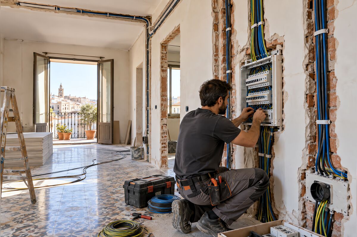Cuadro eléctrico y tomas de corriente sobre la encimera durante la reforma de una cocina