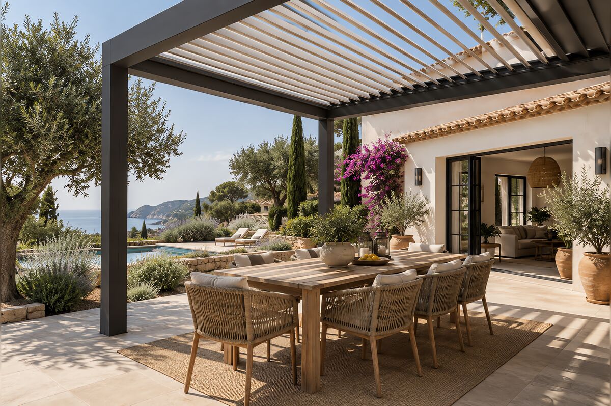 Pérgola bioclimática de aluminio con lamas orientables sobre una terraza con mesa de comedor