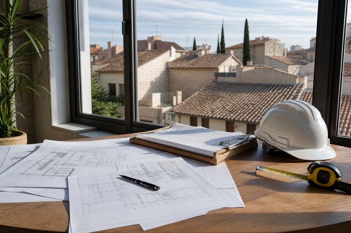 Planos de una vivienda sobre una mesa durante la planificación de una reforma con un técnico