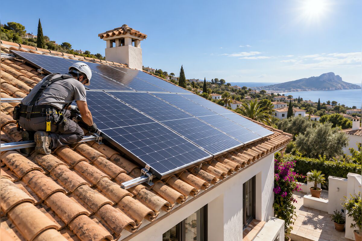 Placas solares fotovoltaicas instaladas sobre el tejado de una casa unifamiliar