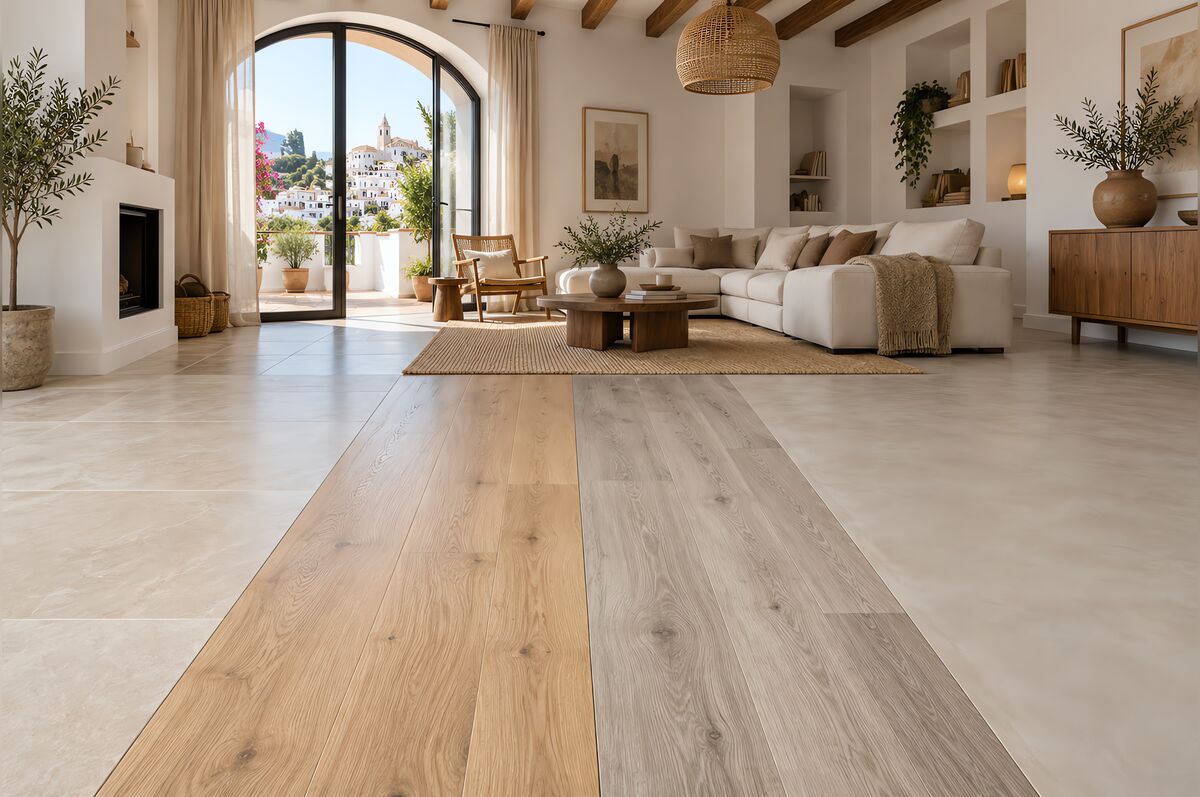Salón con suelo de tarima clara y zona de cocina con porcelánico gris en una vivienda reformada
